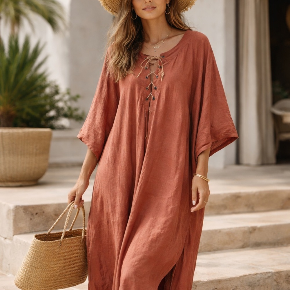 MES DEMOISELLES Lace Up Linen Caftan‎ Tunic Dress
